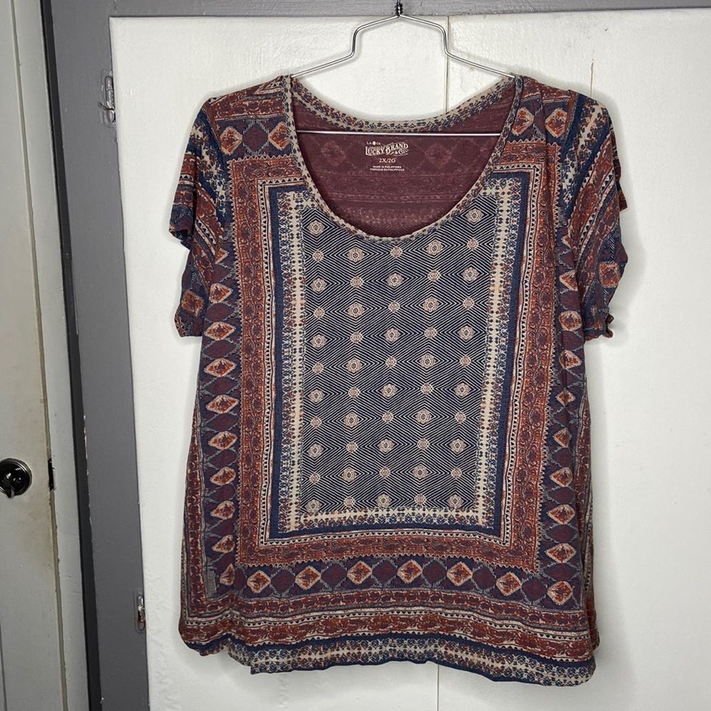 Lucky Brand Womens Plus 2X Tee T-Shirt Short Sleeve bohemian scoopneck boxy